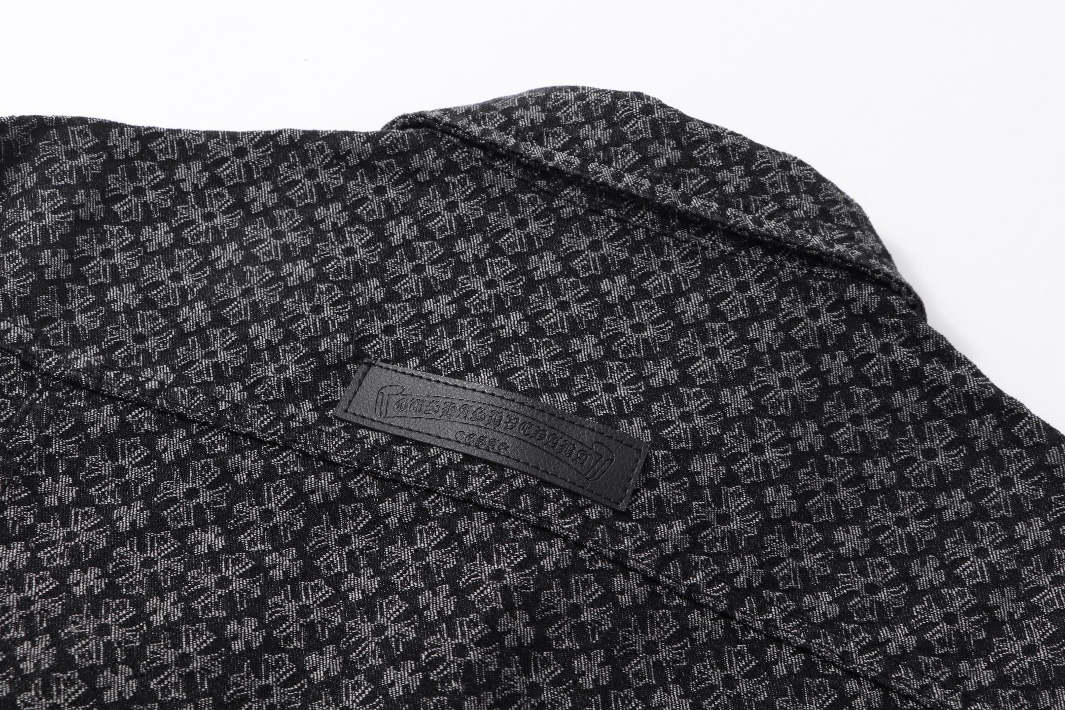 Dark patterned shirt placket and inside neck label