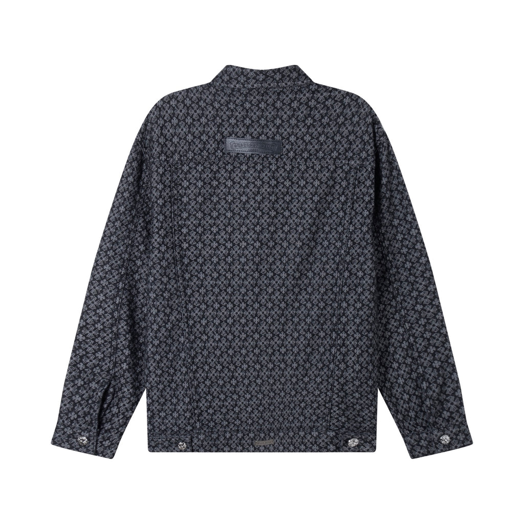 Long-sleeve button-up shirt back view in dark patterned fabric