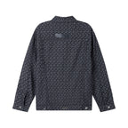 Long-sleeve button-up shirt back view in dark patterned fabric