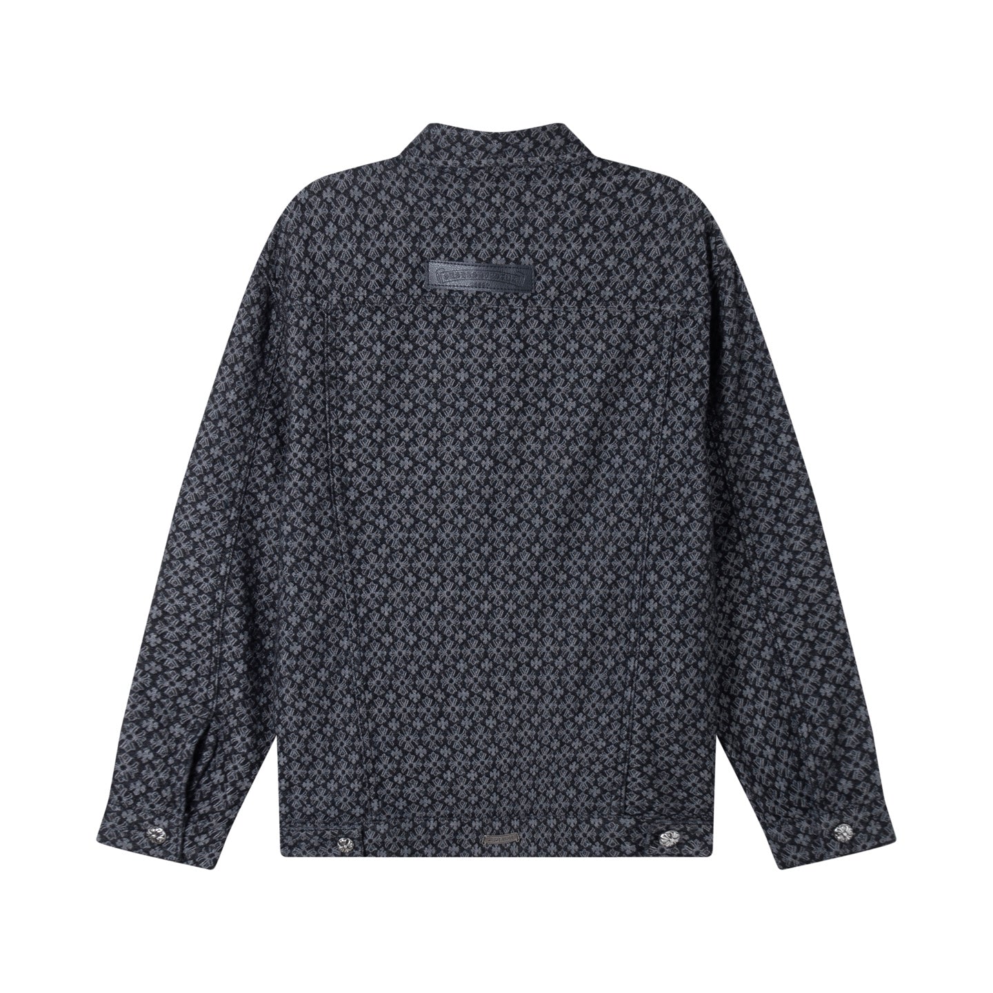 Long-sleeve button-up shirt back view in dark patterned fabric