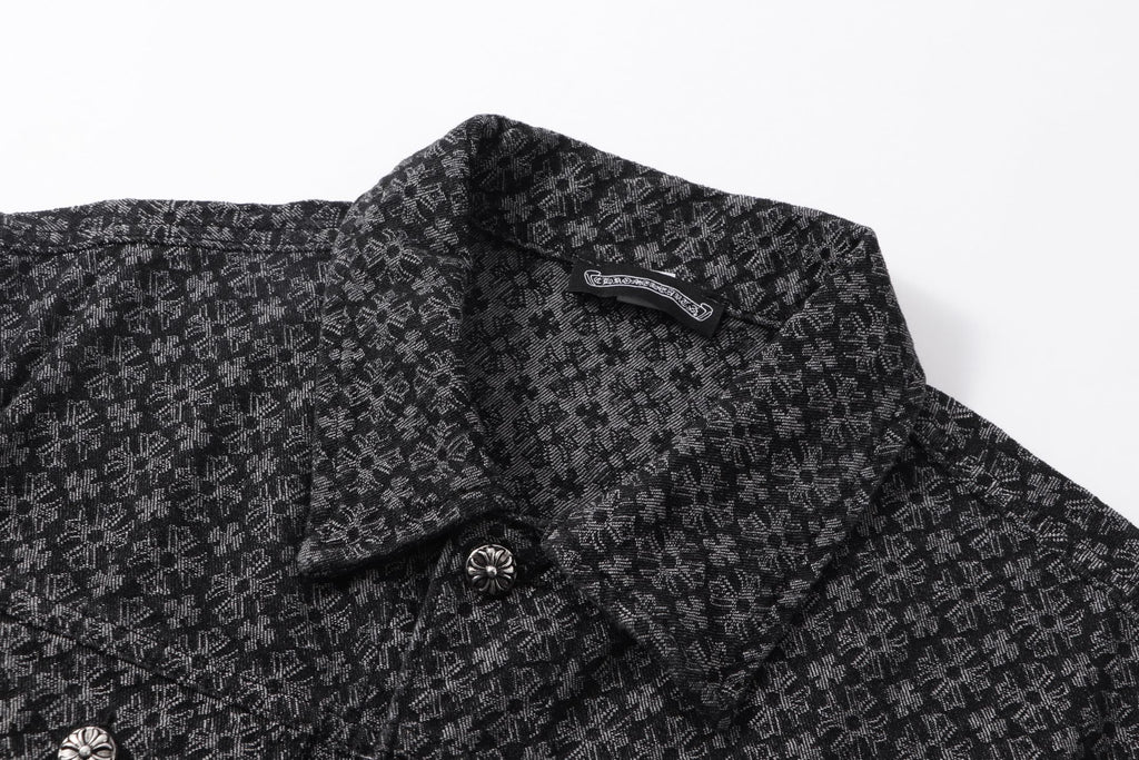 Dark patterned shirt neckline with stand collar and front button placket