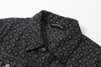 Dark patterned shirt neckline with stand collar and front button placket