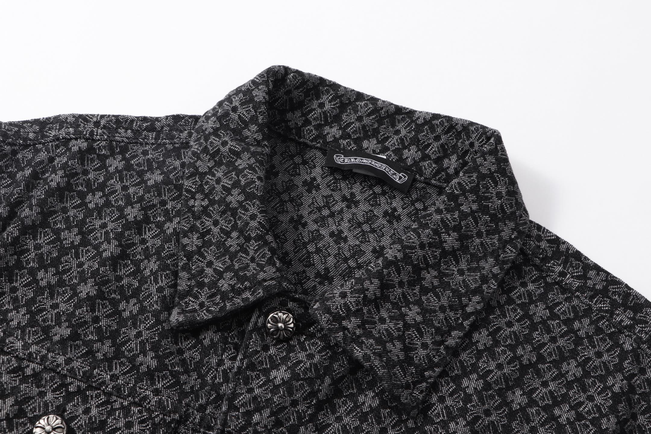 Dark patterned shirt neckline with stand collar and front button placket