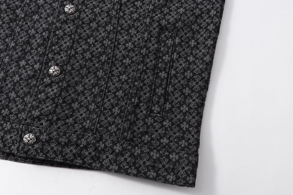 Dark patterned shirt lower front with buttons and curved hem