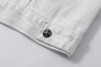 White denim jacket lower sleeve or hem with dark round button