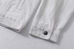 White denim jacket sleeve cuff with dark button closure