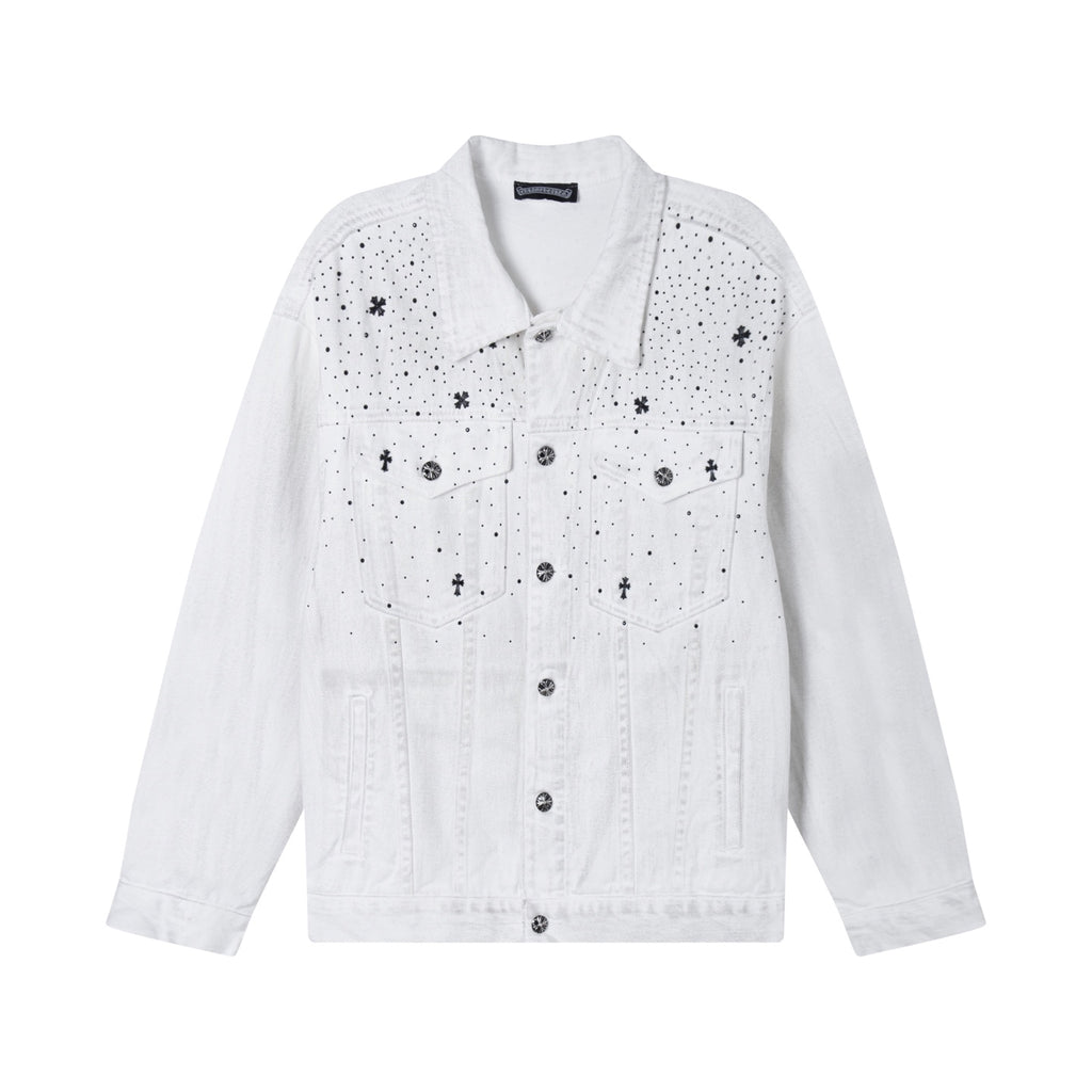 White denim jacket with button front and embroidered cross and dot pattern on shoulders