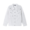 White denim jacket with button front and embroidered cross and dot pattern on shoulders