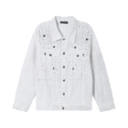 White denim jacket with button front and embroidered cross and dot pattern on shoulders