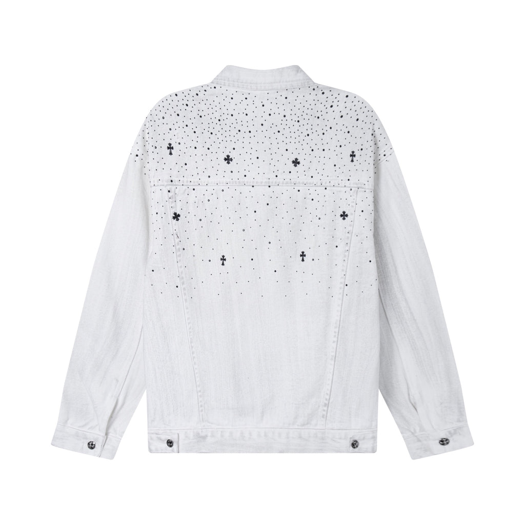 White denim jacket back view with embroidered cross and dot pattern and buttoned yoke