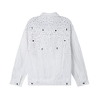 White denim jacket back view with embroidered cross and dot pattern and buttoned yoke