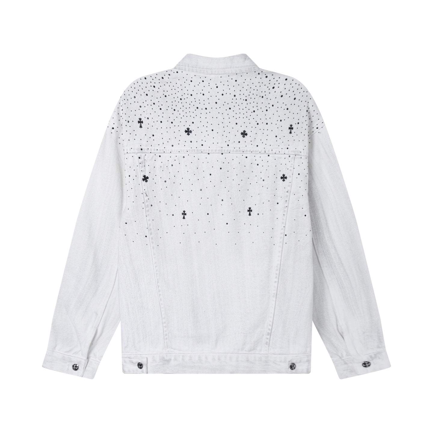 White denim jacket back view with embroidered cross and dot pattern and buttoned yoke