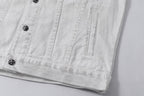 White denim jacket lower front with button row and vertical stitching details