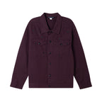 Long-sleeve button-front jacket in dark plum with two chest flap pockets