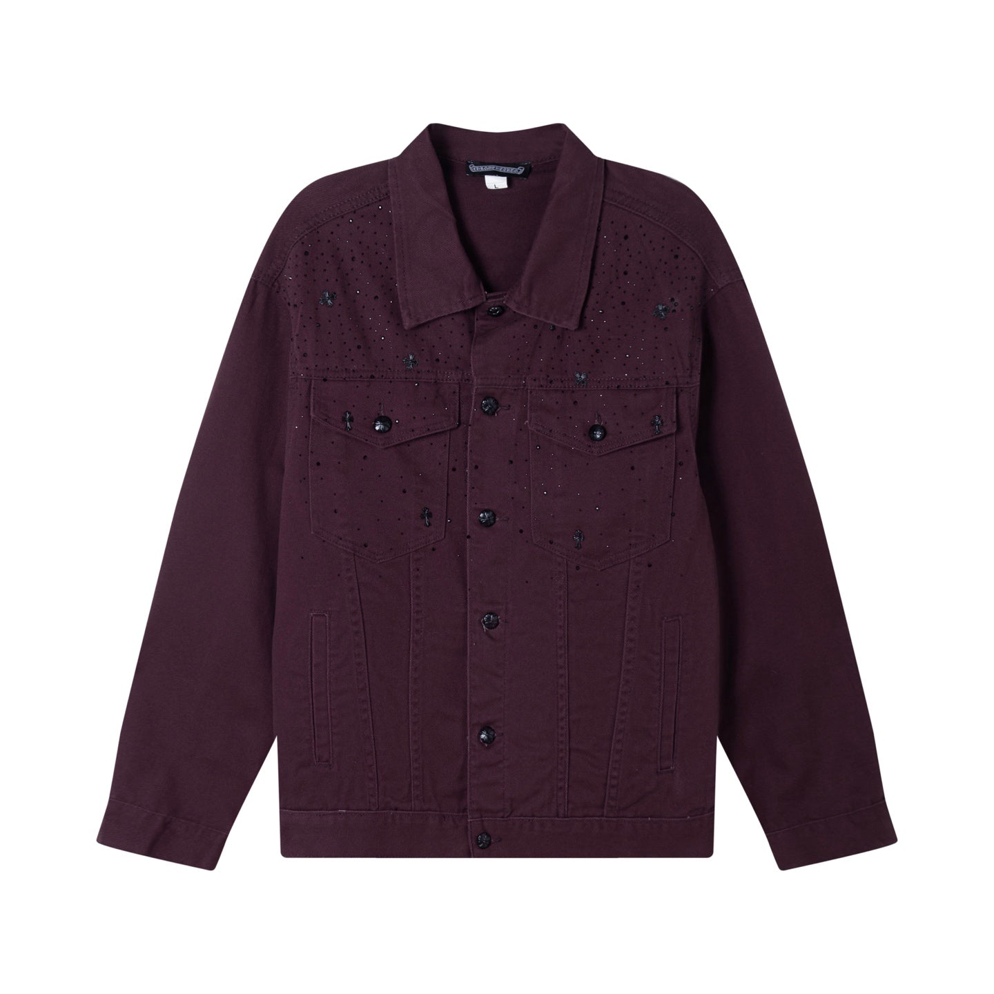 Long-sleeve button-front jacket in dark plum with two chest flap pockets