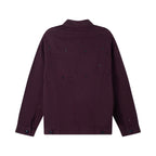 Back view long-sleeve button jacket in dark plum with visible stitch seams