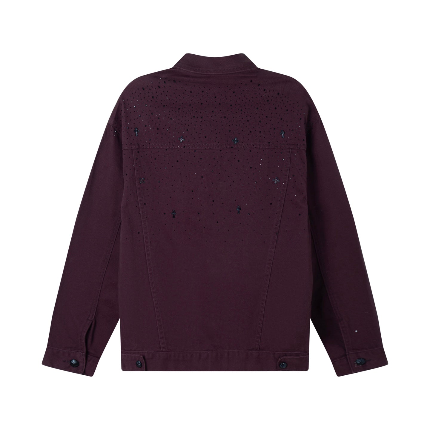Back view long-sleeve button jacket in dark plum with visible stitch seams