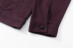 Sleeve cuff and button detail on dark plum long-sleeve jacket