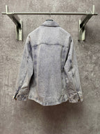Light blue denim jacket back view with yoke seam and stitched collar