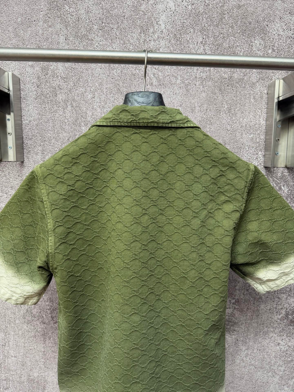 Gucci short-sleeve shirt, olive green textured diamond pattern, full back view