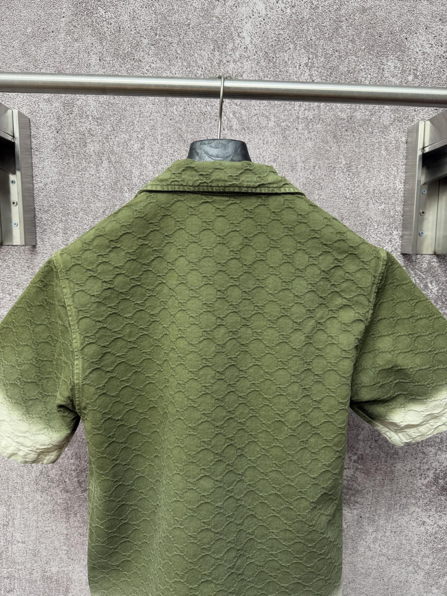 Gucci short-sleeve shirt, olive green textured diamond pattern, full back view