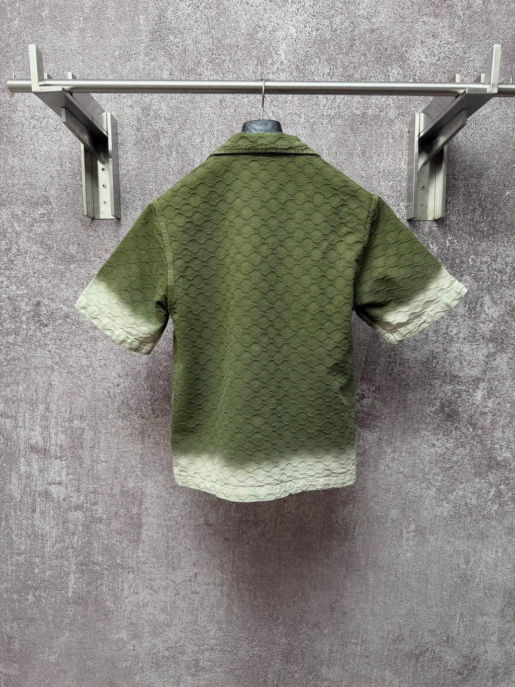 Gucci short-sleeve shirt, olive green textured diamond pattern, back view