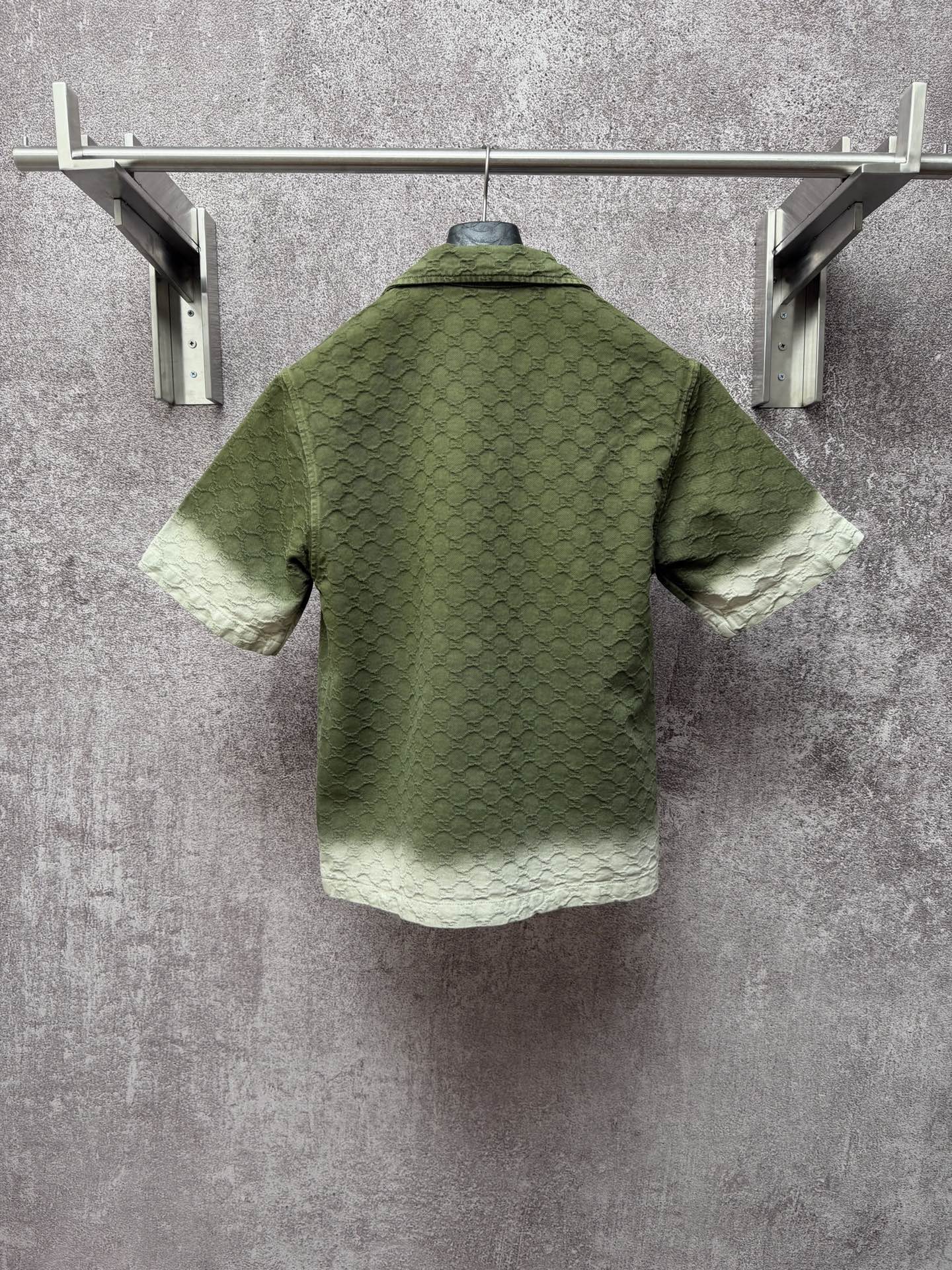 Gucci short-sleeve shirt, olive green textured diamond pattern, back view
