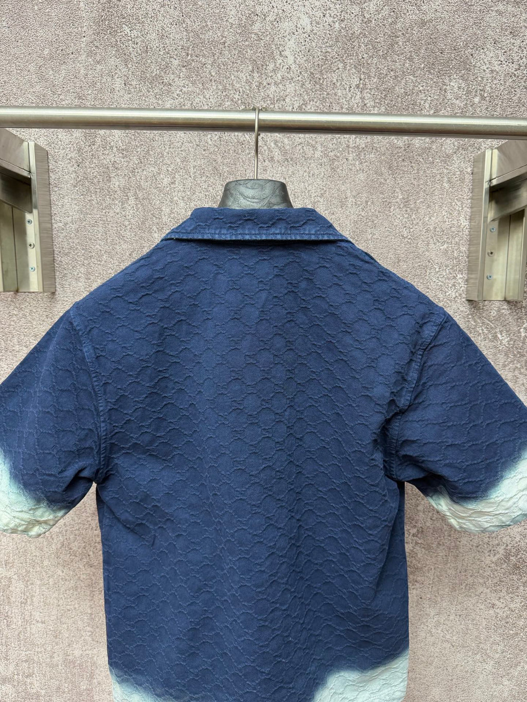 Gucci short-sleeve shirt back view, dark blue with light blue cuffs and hem