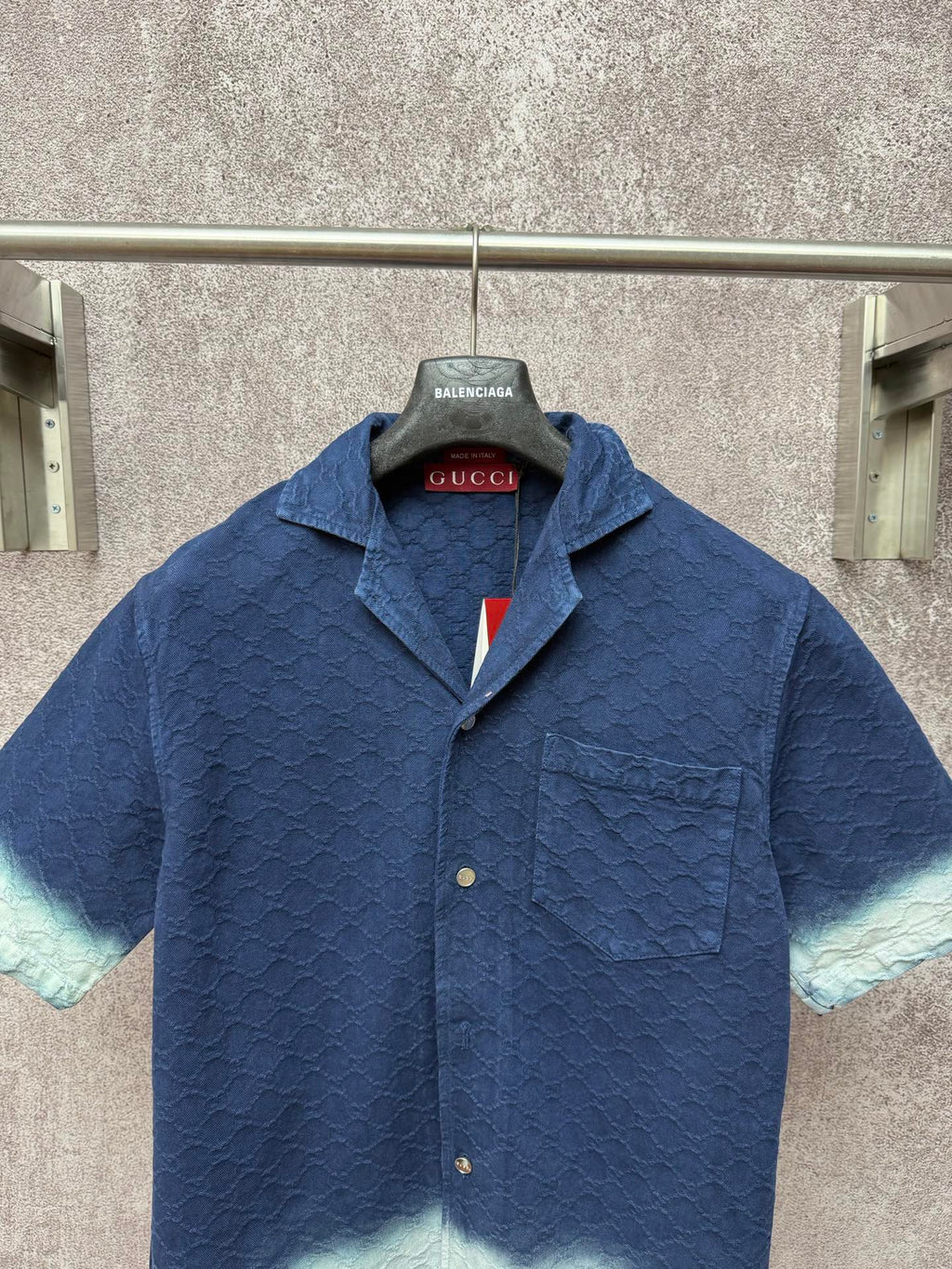 Gucci short-sleeve shirt front view, dark blue with light blue trim