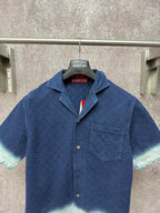 Gucci short-sleeve shirt front view, dark blue with light blue trim