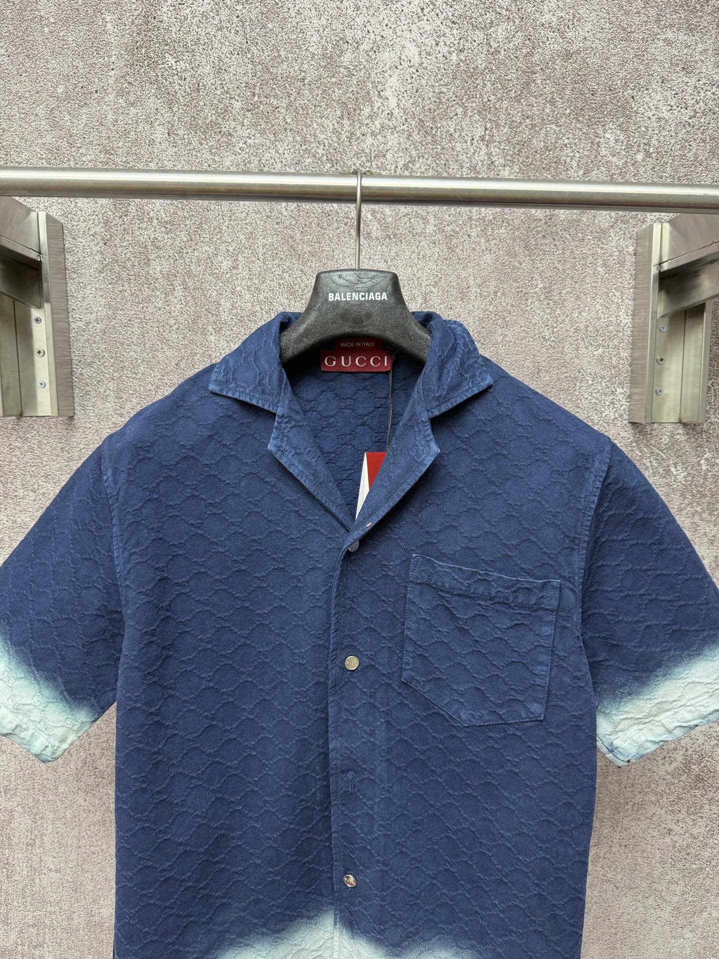 Gucci short-sleeve shirt front view, dark blue with light blue trim