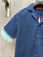 Gucci short-sleeve shirt shoulder and collar, dark blue with light blue cuff trim