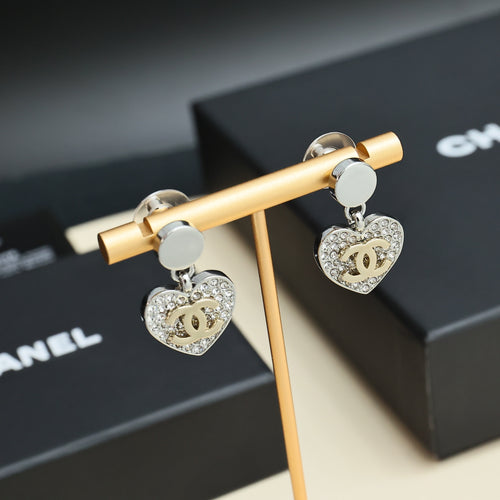 Heart drop earrings with silver-tone caps and crystal CC heart logo
