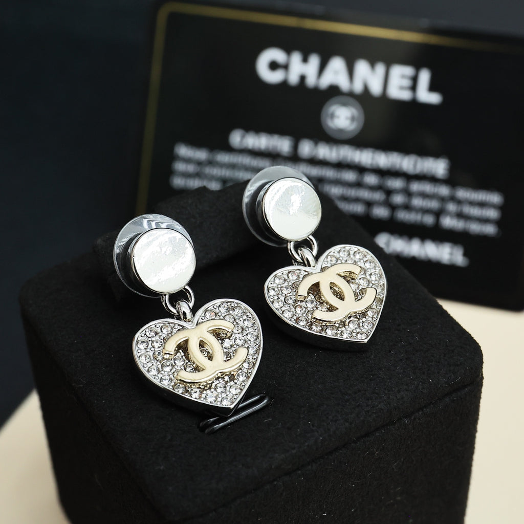Heart drop earrings with crystal CC-style heart pendants and silver-tone caps