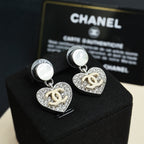 Heart drop earrings with crystal CC-style heart pendants and silver-tone caps