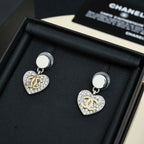 Heart drop earrings with silver-tone studs and crystal CC-style logo