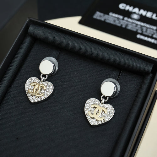 Heart drop earrings with silver-tone studs and crystal CC-style logo