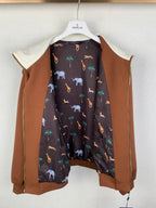 Long-sleeve jacket with brown outer and dark animal-print lining, open front