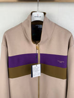 Beige zip-up jacket with purple and olive stripe, gold zipper, stand collar