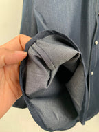 Dark blue shirt sleeve cuff and fabric folds, shown close-up