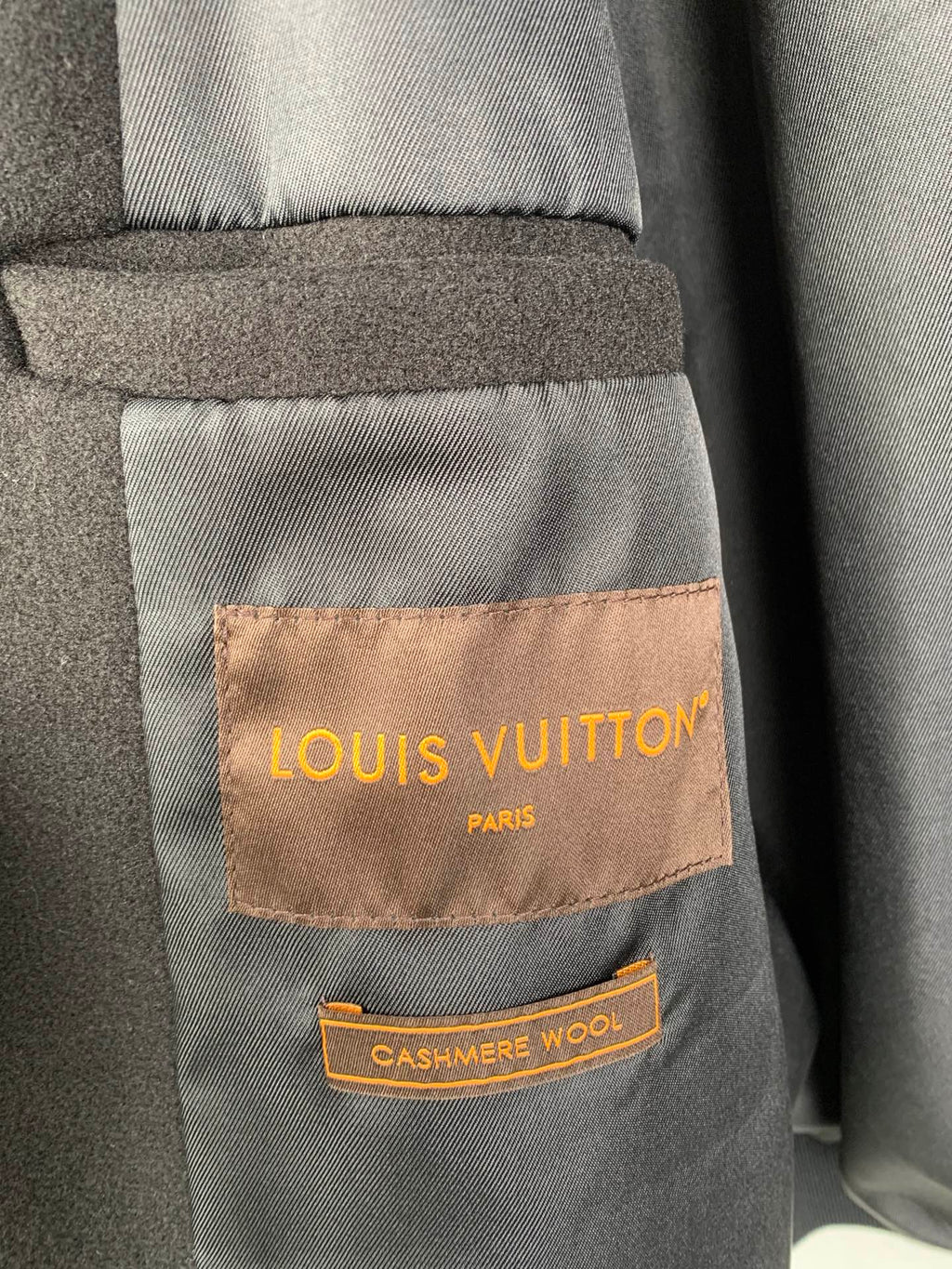 Louis Vuitton long coat inner label with LOUIS VUITTON cashmere wool text