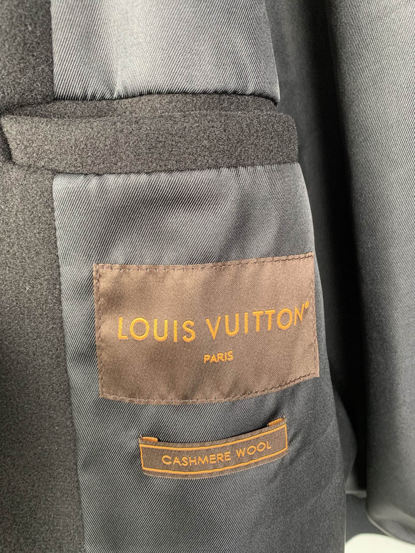 Louis Vuitton long coat inner label with LOUIS VUITTON cashmere wool text