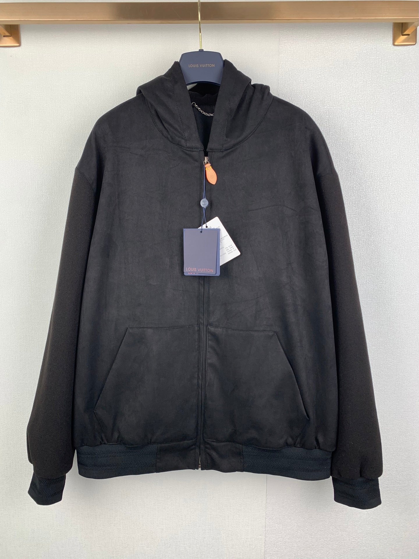 Louis Vuitton hooded zip-up jacket, dark gray, front pockets and long sleeves