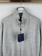 Grey zip-up jacket with stand collar and front zipper placket