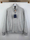 Grey zip-up jacket with stand collar, front zipper, and side pockets