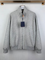 Grey zip-up jacket with stand collar, front zipper, and side pockets