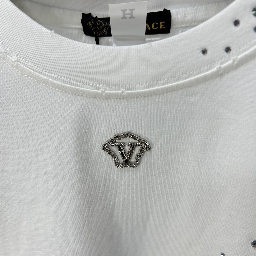 Versace white T-shirt crew neck with rhinestone logo centered on chest