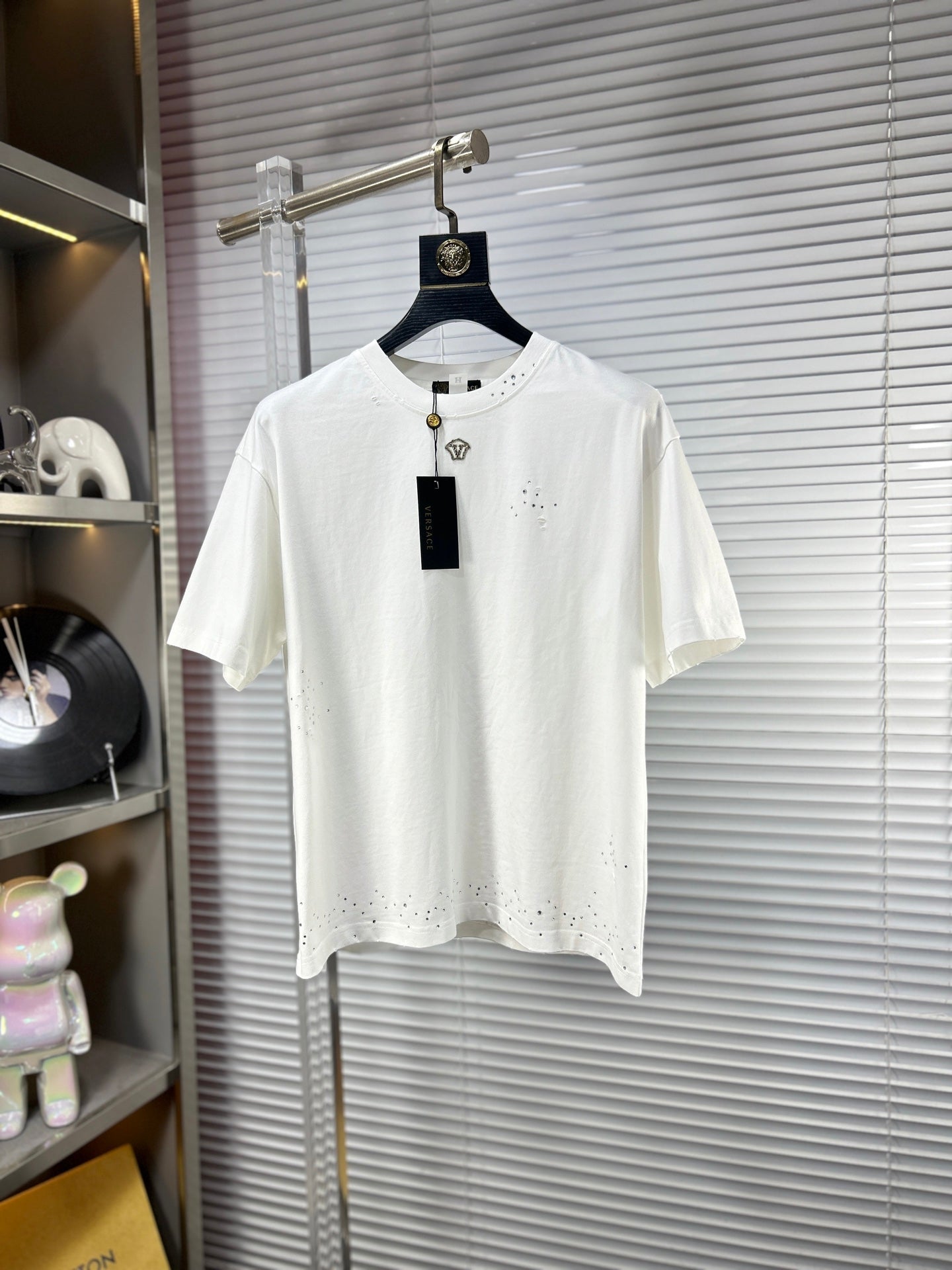 Versace white short-sleeve T-shirt with rhinestone logo and studded trim
