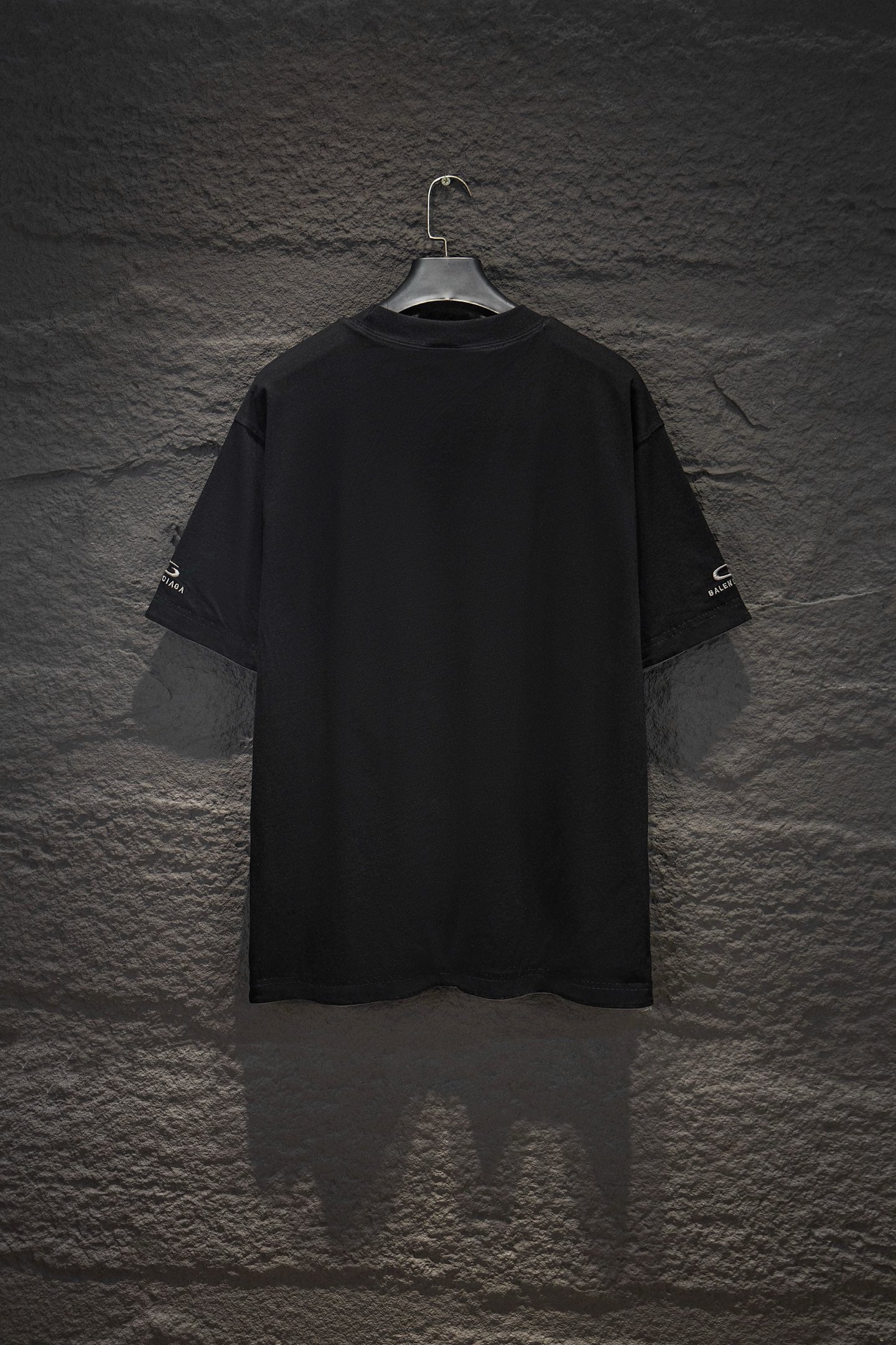Balenciaga short-sleeve T-shirt, black, back view with logo on sleeve