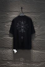 Black short-sleeve T-shirt with large back cross-and-swords print